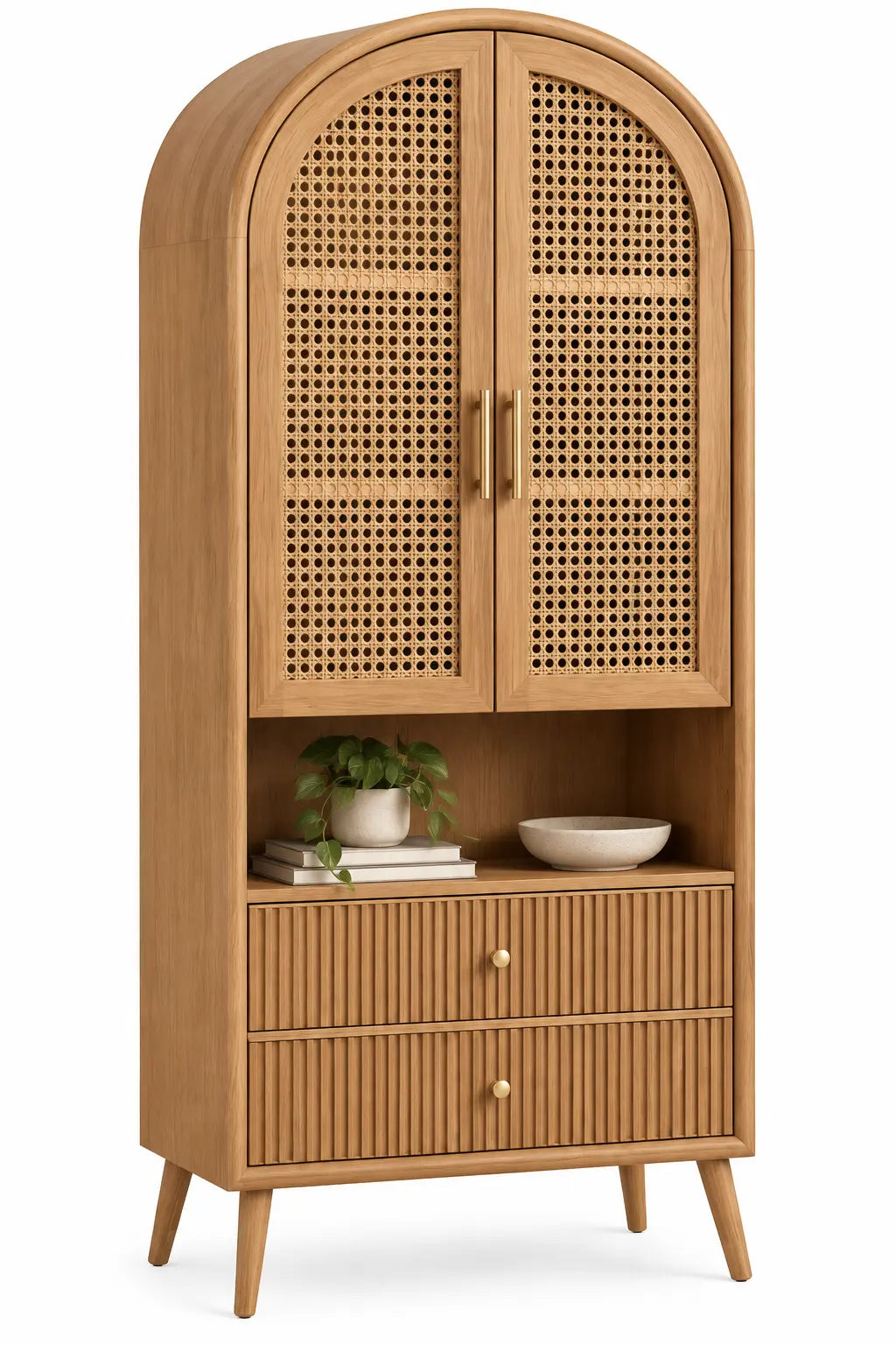 Estantería con almacenamiento con formas arqueadas y detalles de entramado, marrón