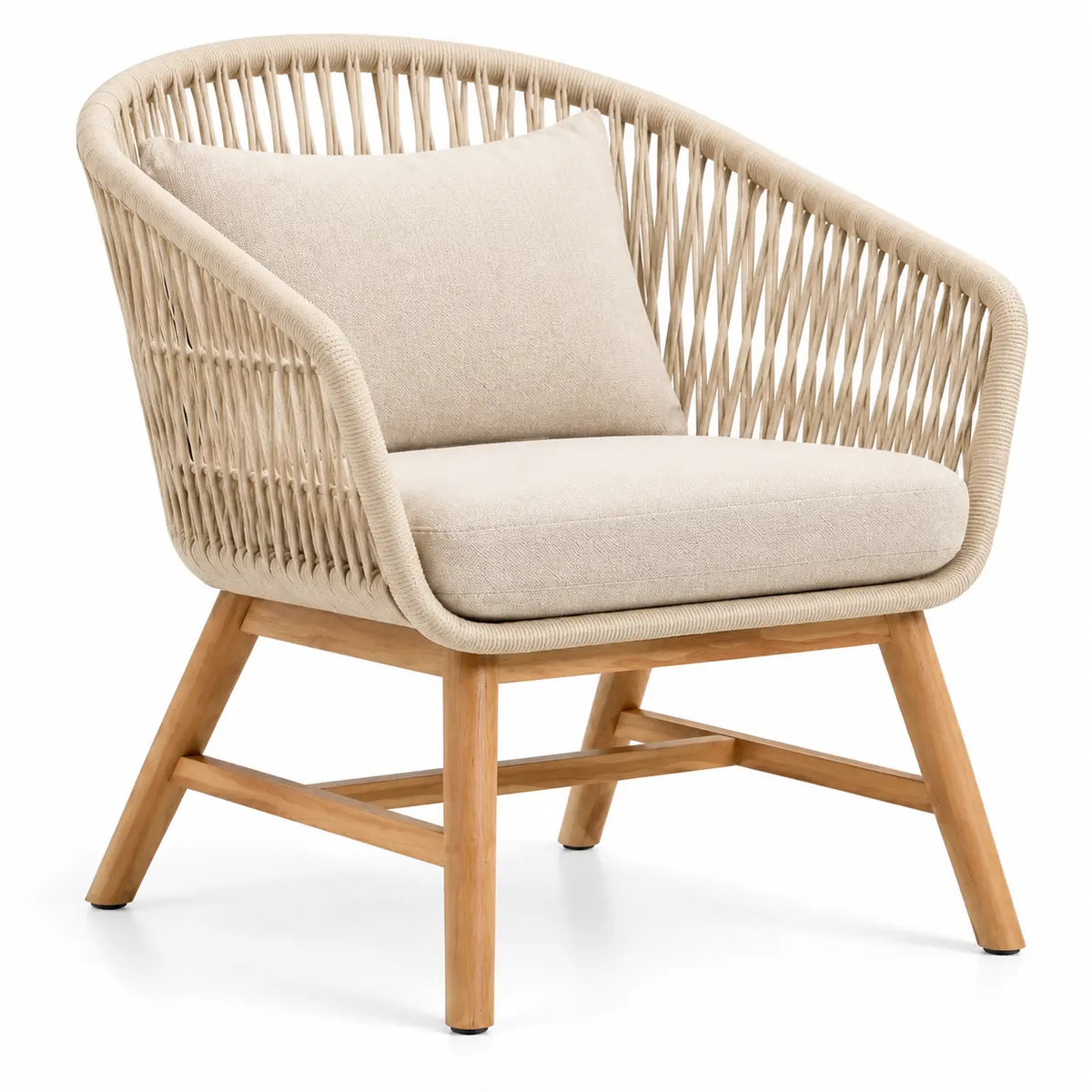 Sillón con estructura abierta con detalles de líneas verticales, beige y marrón