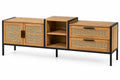 Mueble bajo para televisión con detalles de entramado y estantes, marrón y negro